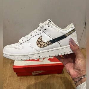 Women’s Nike Dunk Low - White Sneakers with Leopard Print Swoosh